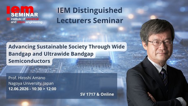 Flyer of the event: Title of the event and photo of the speaker on an image depicting electronic circuits